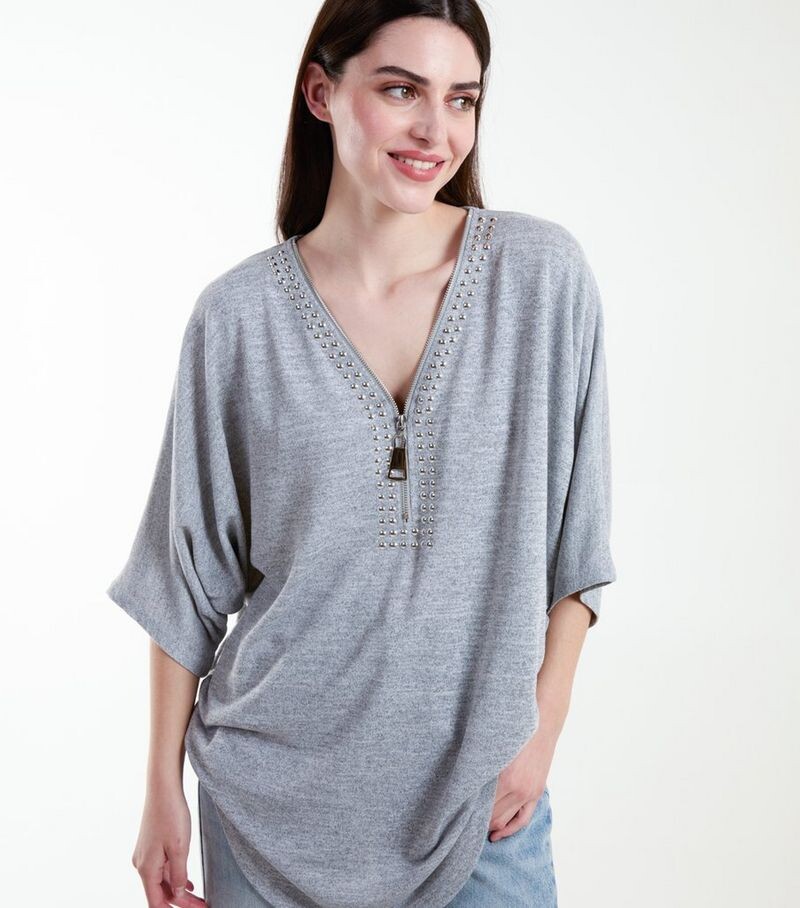 

Синий ванильно-серый трикотажный топ с воротником на молнии Blue Vanilla, серый