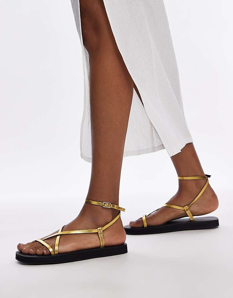 

Topshop – Jules – Минималистичные кожаные сандалии на плоской подошве с ремешками золотистого цвета