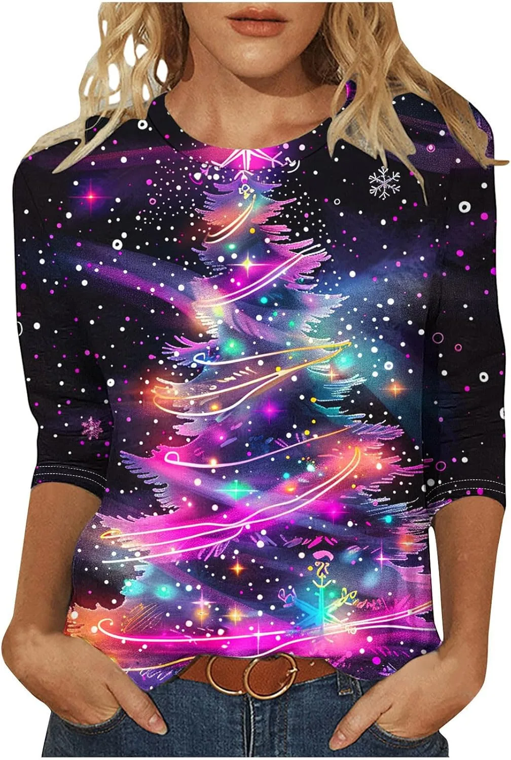 

Рождественская футболка для женщин с принтом в винтажном стиле, 3/4 рукава NaRHbrg