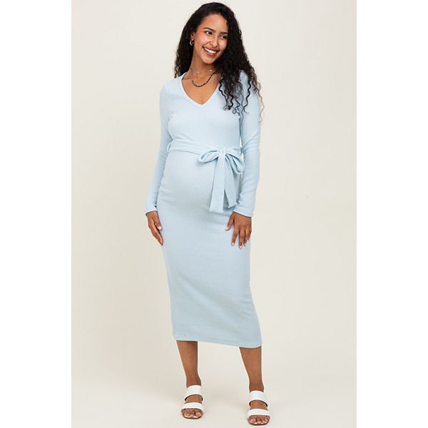 

Платье-Миди для беременных, однотонное, из фактурной ребристой ткани, с V-образным вырезом и облегающим силуэтом, синего цвета. Pinkblush