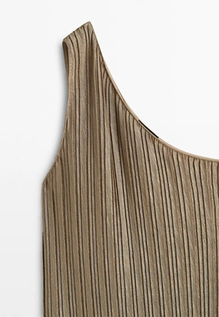 Платье миди асимметричное плиссированное, для вечеринок Massimo Dutti, хаки — фото 3