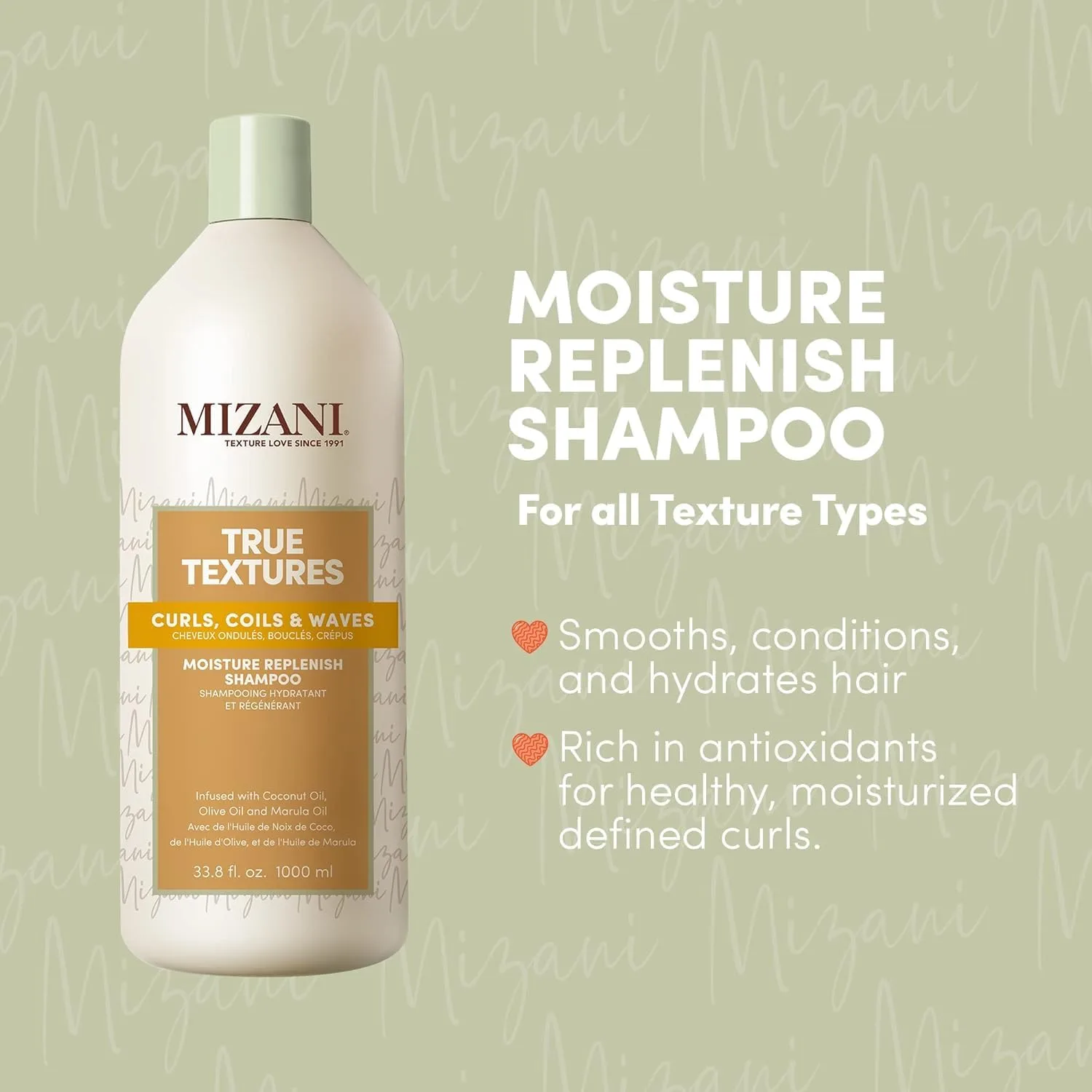 Шампунь MIZANI True Textures Moisture Replenish для кудрявых волос - разглаживает и увлажняет благодаря кокосовому маслу, не содержит сульфатов и парабенов. 1000 мл (.), olive — фото 3