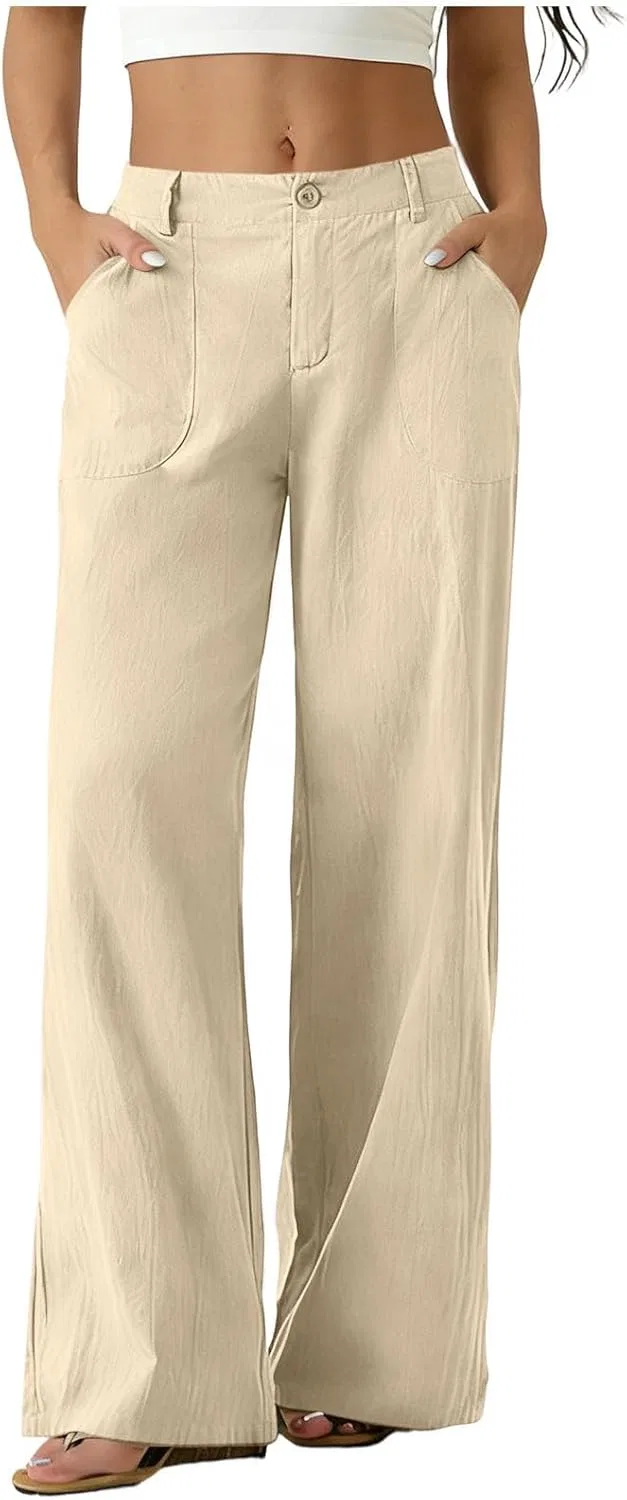 Женские широкие брюки из льна, на пуговицах, с карманами, Beige