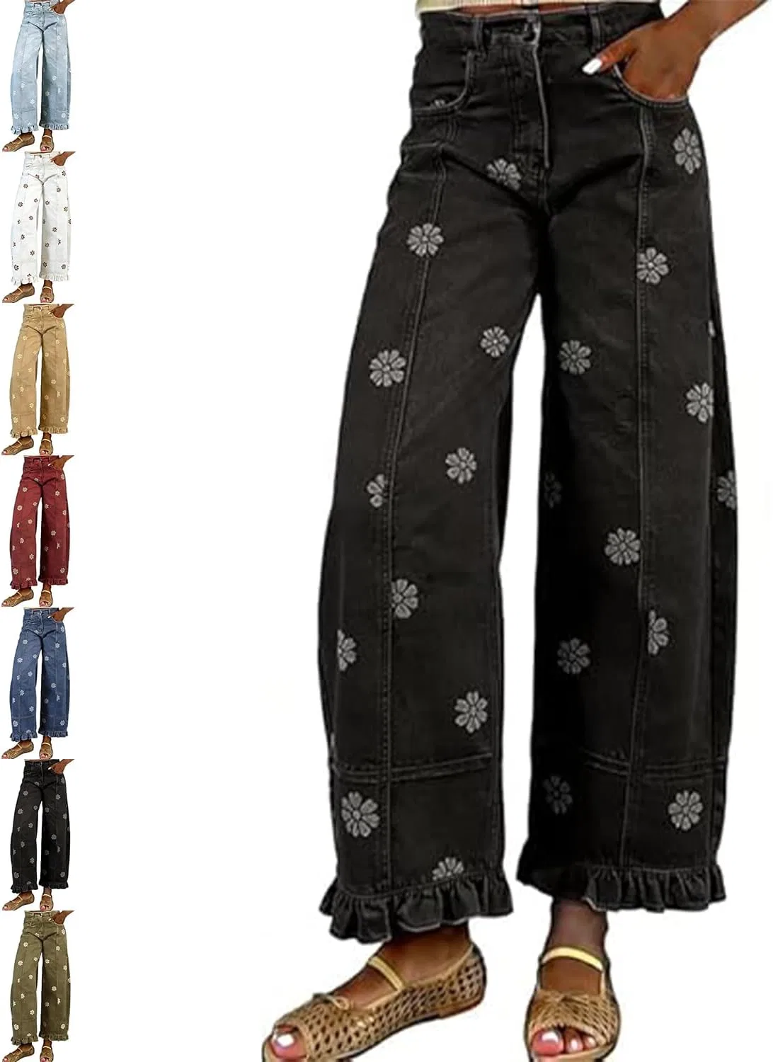 Джинсы с цветочным принтом, Barrel Jeans, Black