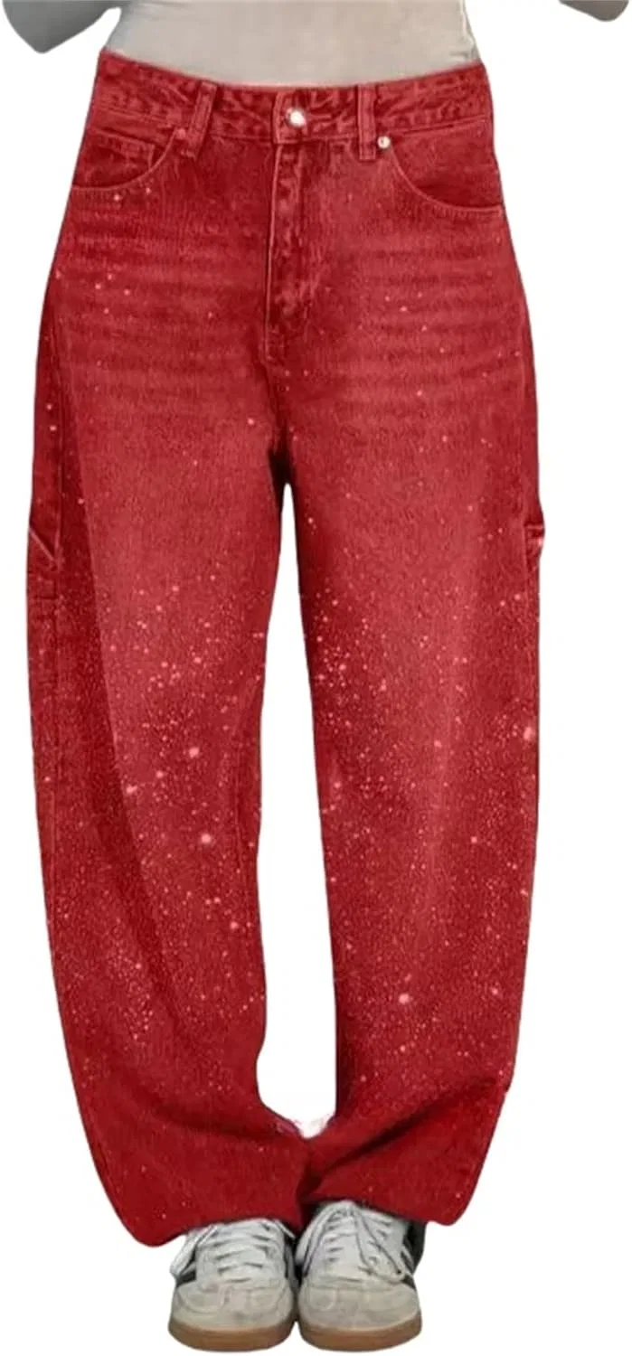 Джинсы с блестками, прямые широкие, Red