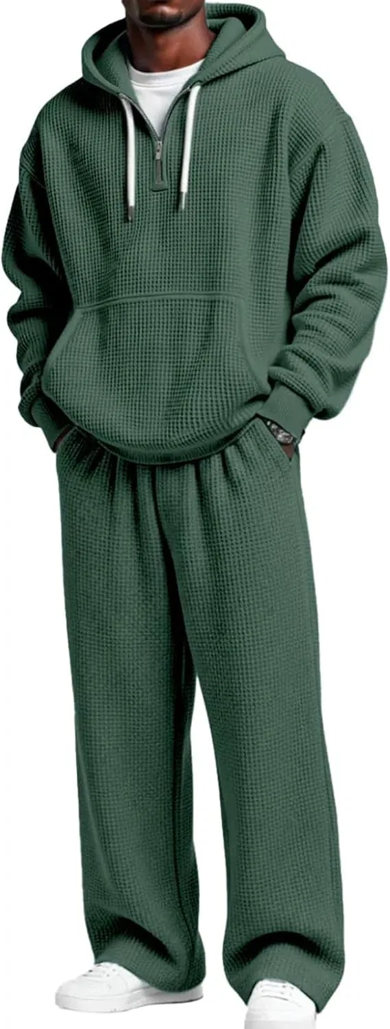 Костюм спортивный вафельный трикотаж, худи с молнией и штаны, K003-army Green
