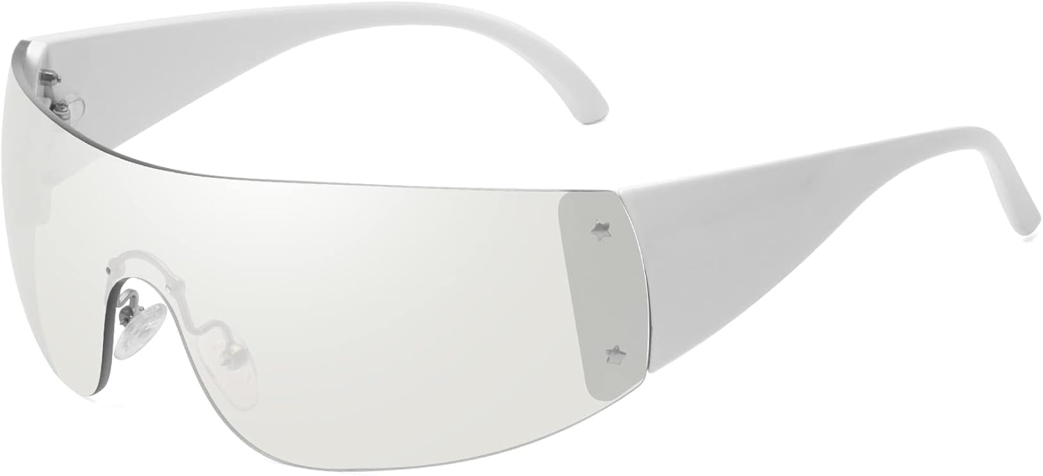 

Модные солнцезащитные очки без оправы Star Y2K для женщин и мужчин, модель Shield, увеличенного размера, обтекаемой формы, без оправы, защита от УФ-излучения UV400 Fozono, Silver