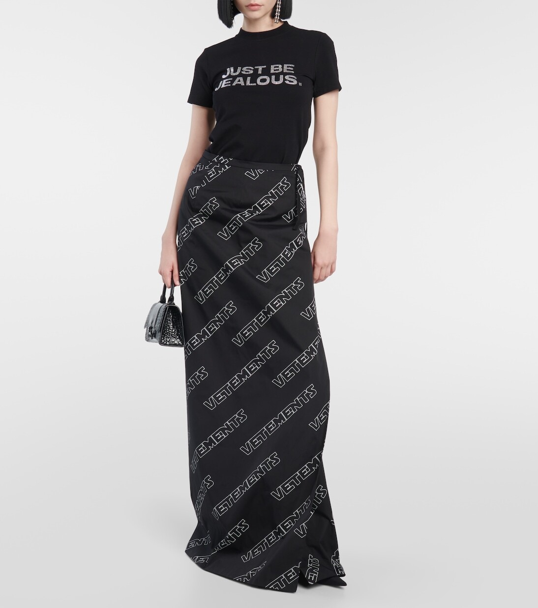 Хлопковая юбка с запахом и логотипом Vetements, черный — фото 2
