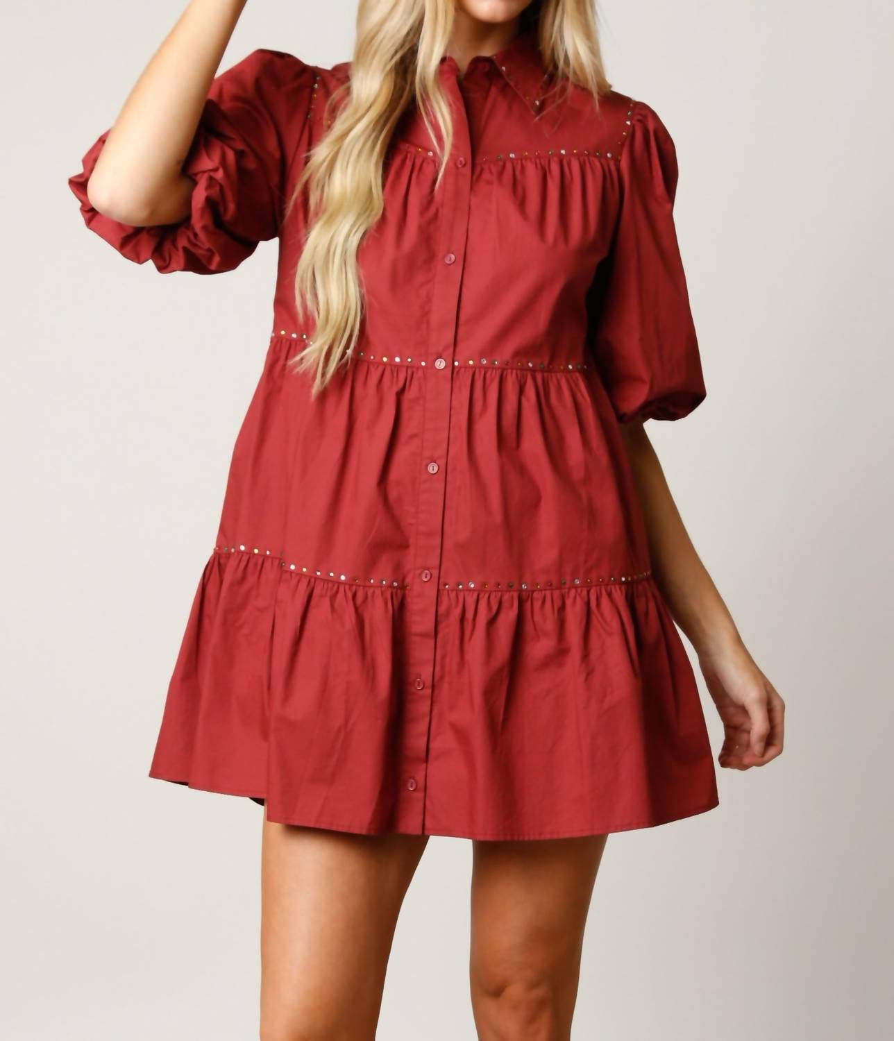 

Марсала платье-рубашка с пышными рукавами и ярусами FANTASTIC FAWN, красный