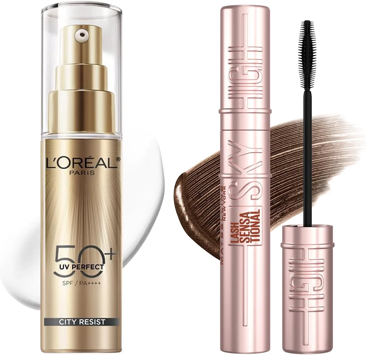 Тушь для ресниц Maybelline Sky High Waterproof 02 Soothing Brown + солнцезащитная сыворотка L'Oreal UV Perfect Day Care SPF50+ 30 мл
