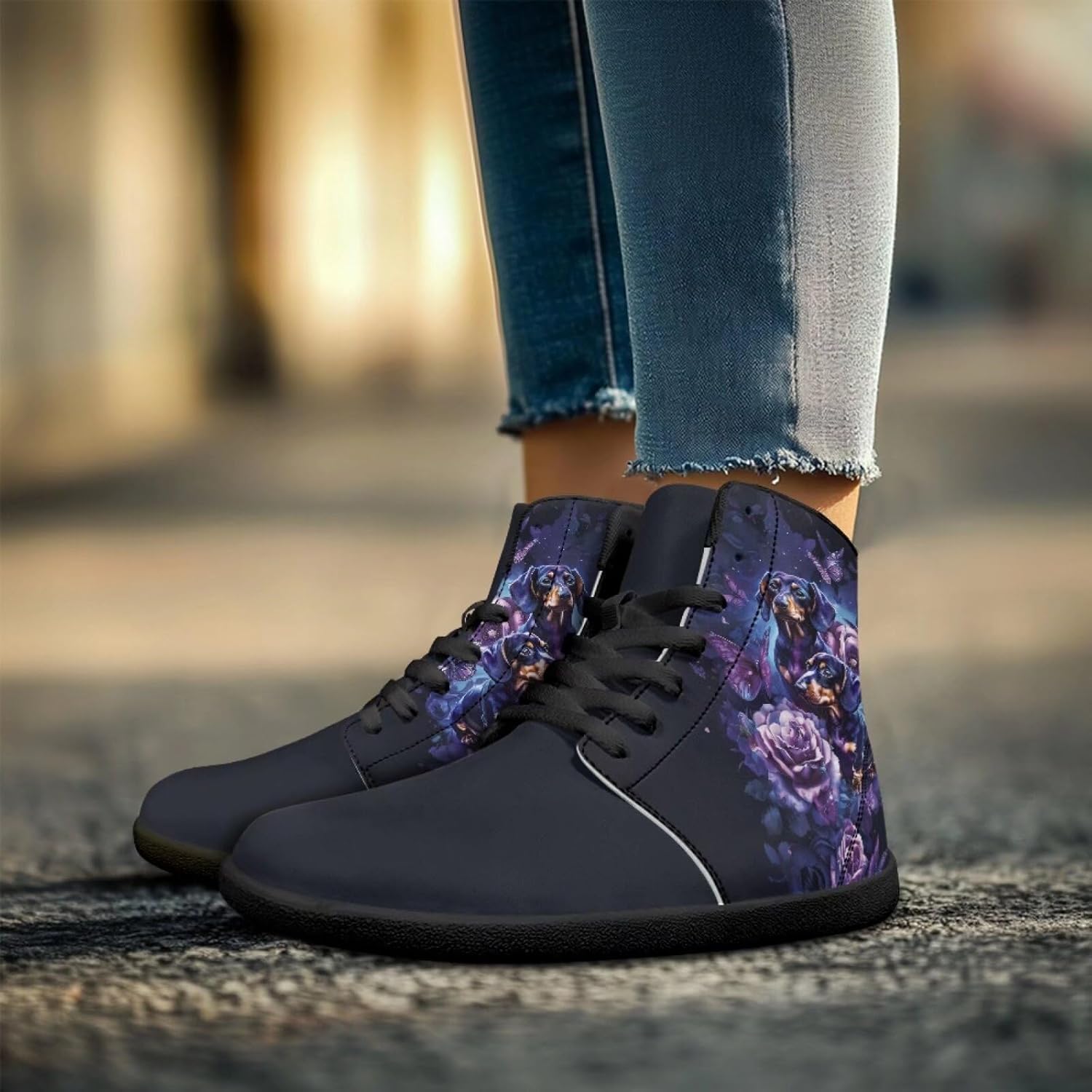 Мужские обувь Binienty Barefoot с широкой пяткой, высокие кеды с ПУ, минималистичные кроссовки с нулевым перепадом для активного отдыха, Dachshund Butterfly Rose — фото 2