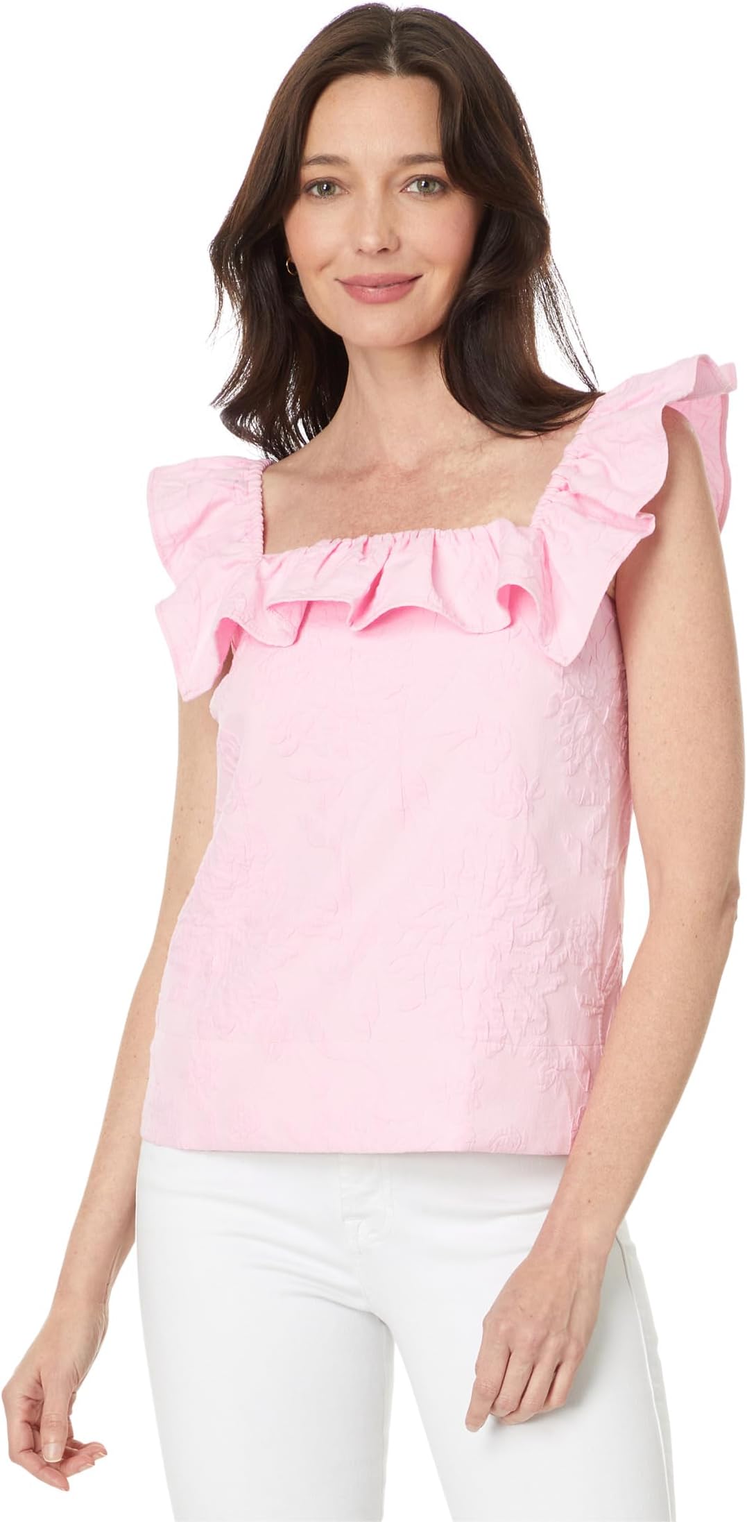 

Топ Lilly Pulitzer Zoya Ruffle Top, цвет Conch Shell Pink Caliente Pucker Jacquard