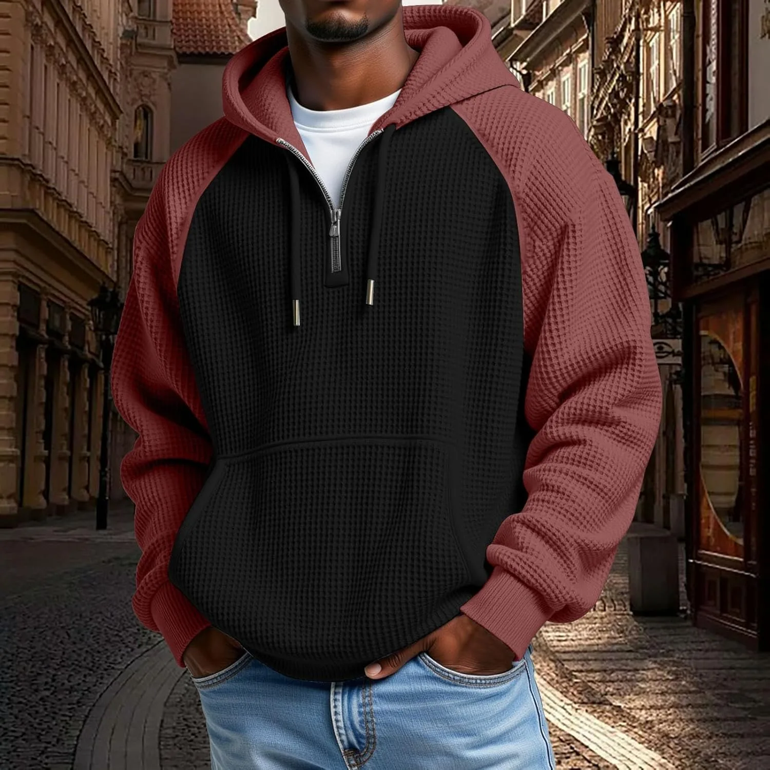 Толстовка с капюшоном waffle, мужская, quarter zip, цветной блок, oversized — фото 2