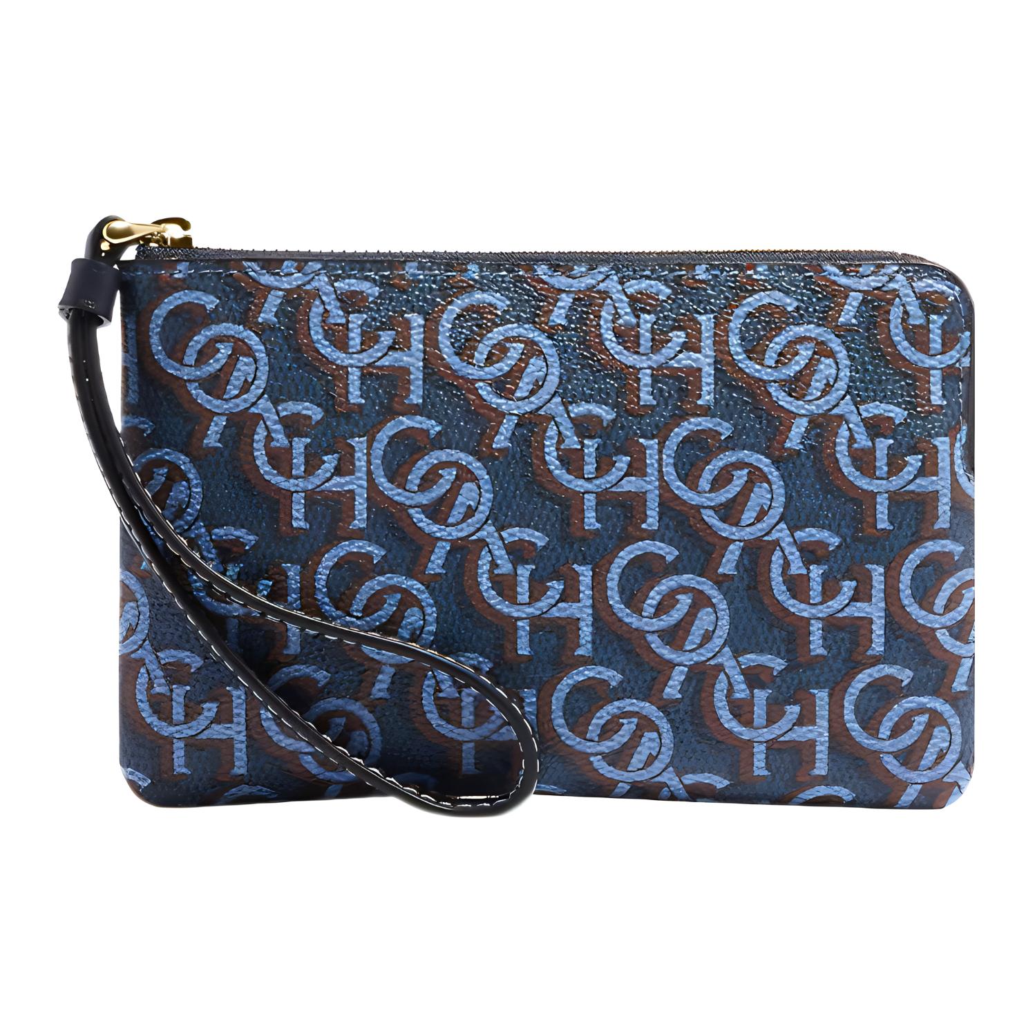

COACH Угловая молния холщовая с кожаным запястьем сумка клатч малая женская морская синяя