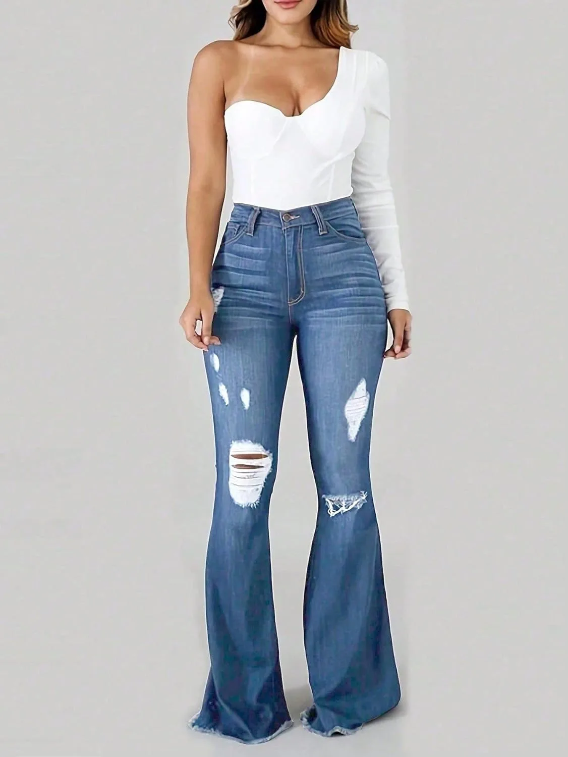 

Женские джинсы с высокой талией и расклешенным низом, рваные и потертые, с широкими штанинами, тянущиеся WGXWGX