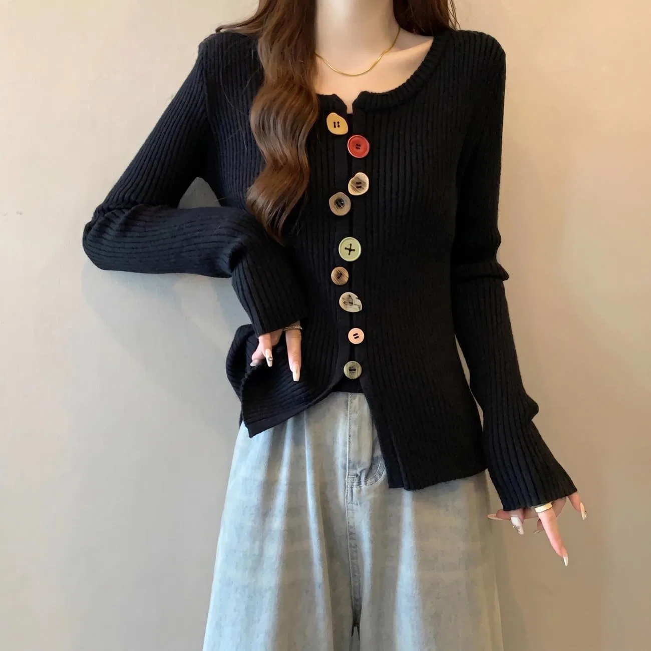 Блуза с разноцветными пуговицами Rib Knit, абрикосовый — фото 2