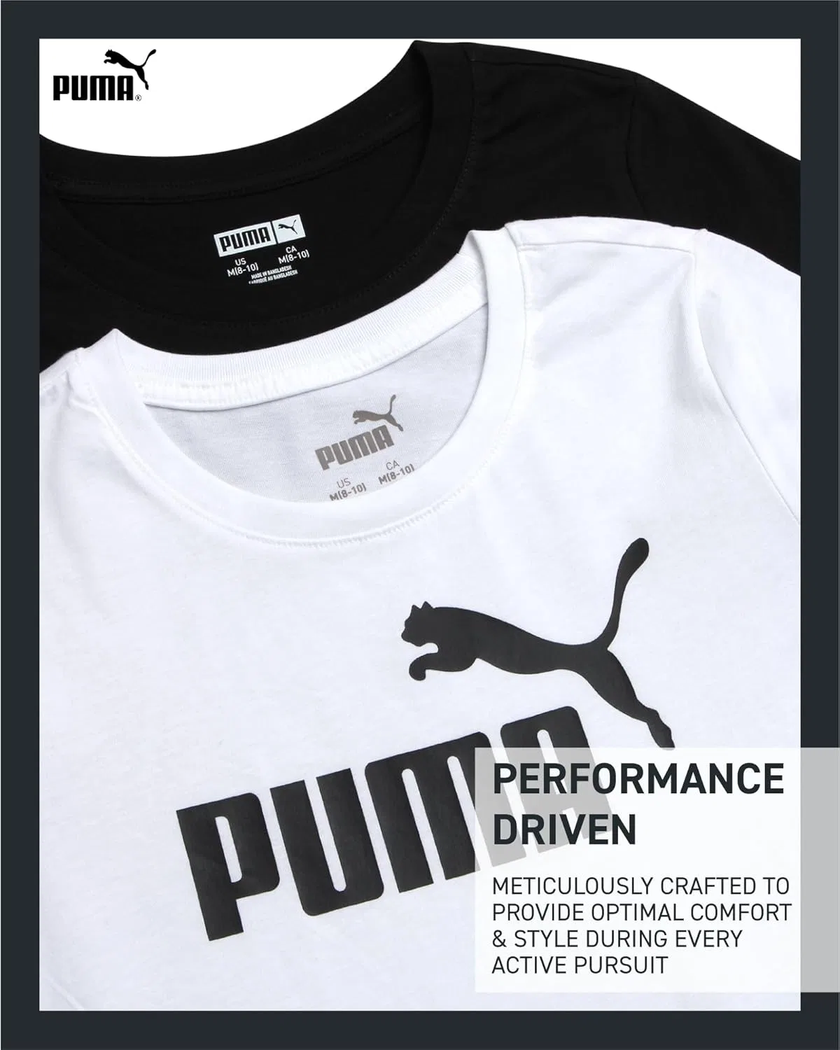 Футболки для девочек, 2 шт., PUMA, короткий рукав, логотип, белый/черный, S-XL — фото 4