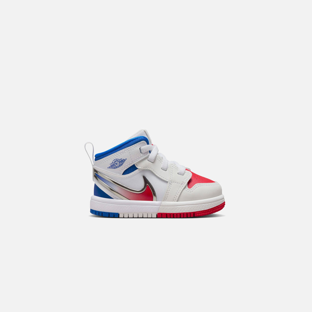 

Кроссовки Nike TD Air Jordan 1 Mid RM Easyon, цвет White/Siren Red/Racer Blue