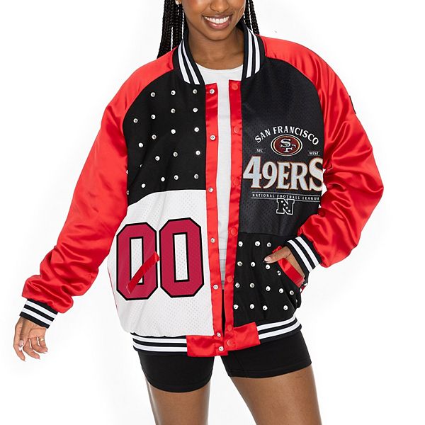 

Женская красная/черная куртка-бомбер San Francisco 49ers oversized hot shot rhinestone throwback full-snap varsity Gameday Couture