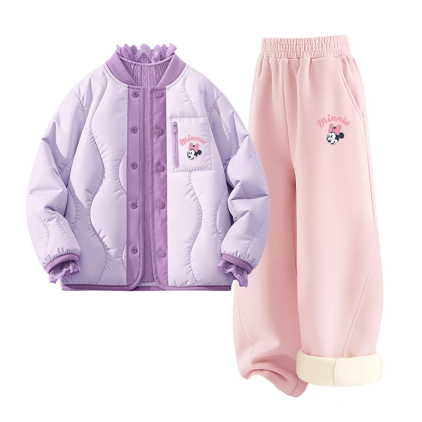 Детская повседневная спортивная футболка с круглым вырезом Disney, [Thickened and Fleece-Lined Three-Piece Set]Silicone Eye-Lifting K Purple+Eye-Lifting K Lotus Pink+Solid Color Purple