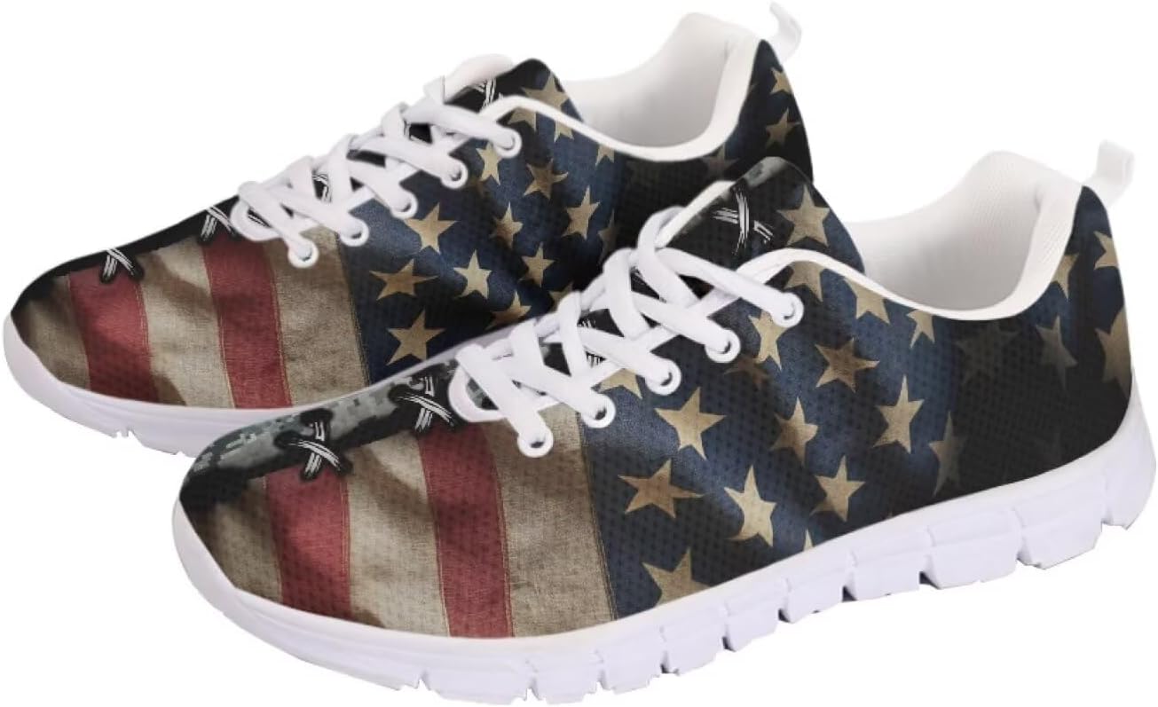 

Мужские и женские беговые кроссовки для шоссе, тенниса, ходьбы, походов. Кроссовки на шнуровке для тренировок, спортзала, легкие спортивные кроссовки Getelinseng, Retro American Flag Camo