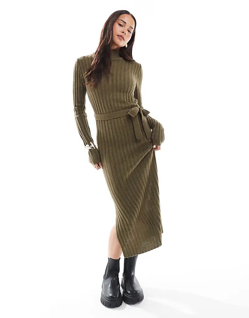 

Платье миди Brave Soul из трикотажного полотна с водолазкой и поясом-завязкой цвета хаки