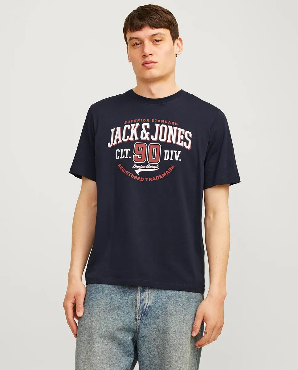 

Мужская футболка с короткими рукавами, круглым вырезом и принтом спереди Jack & Jones, темно-синий