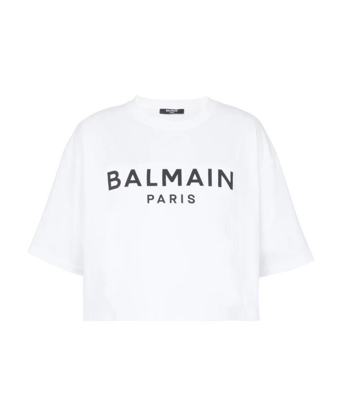 

Короткая футболка из эко хлопка с принтом логотипа Balmain, белый