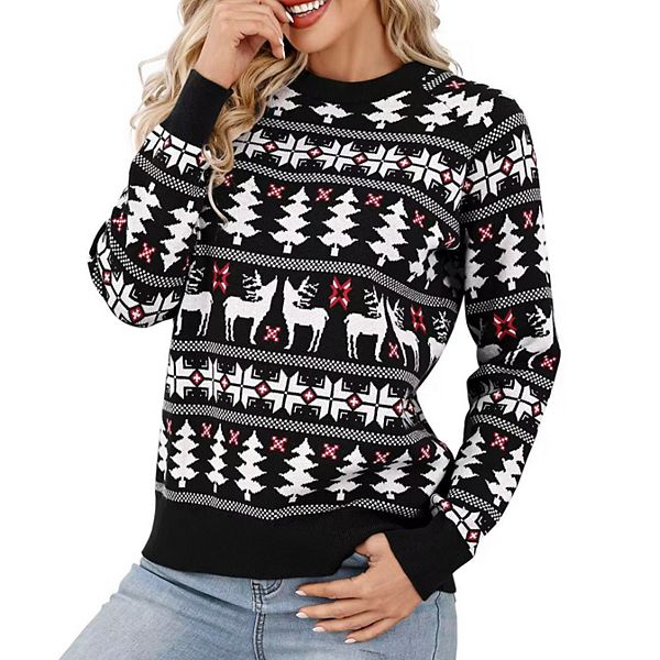 

Женский рождественский свитер свободного кроя с мягким круглым вырезом и длинными рукавами Clearflower, Black
