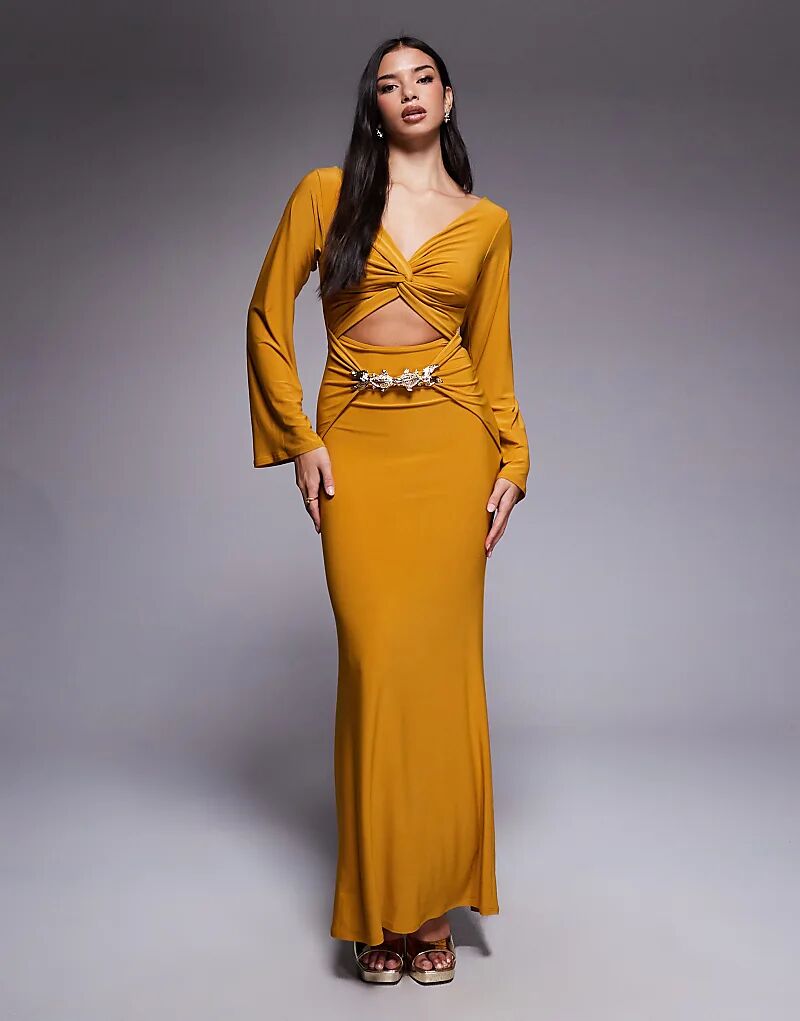 

Платье макси ASOS DESIGN с длинными рукавами, драпировкой спереди и отделкой из золотых рыбок желтого цвета