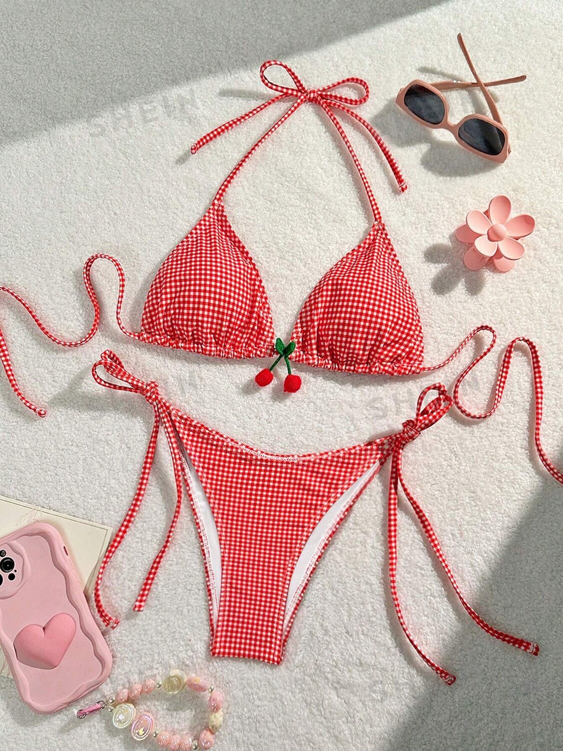 

Swim Mod Комплект бикини из двух частей, клетчатый узор, летний купальник, комплект бикини, бюстгальтер и плавки бикини, День святого Валентина Shein, красный/белый