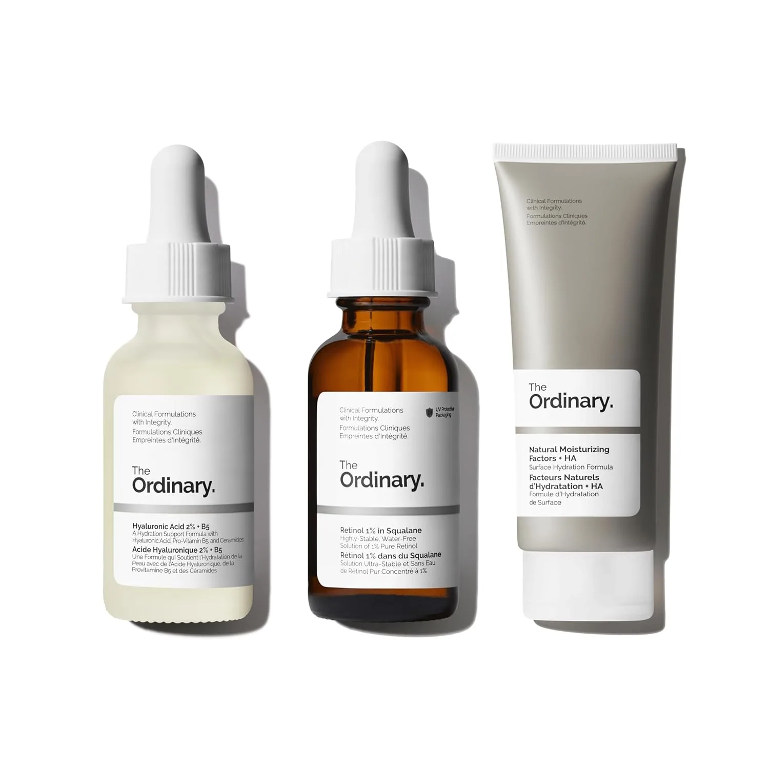 The Ordinary Fine Lines & Wrinkles Collection - набор для ухода за кожей: Retinol 1% in Squalane 30 мл, Hyaluronic Acid 2% + B5 30 мл, Natural Moisturizing Factors + HA 100 мл