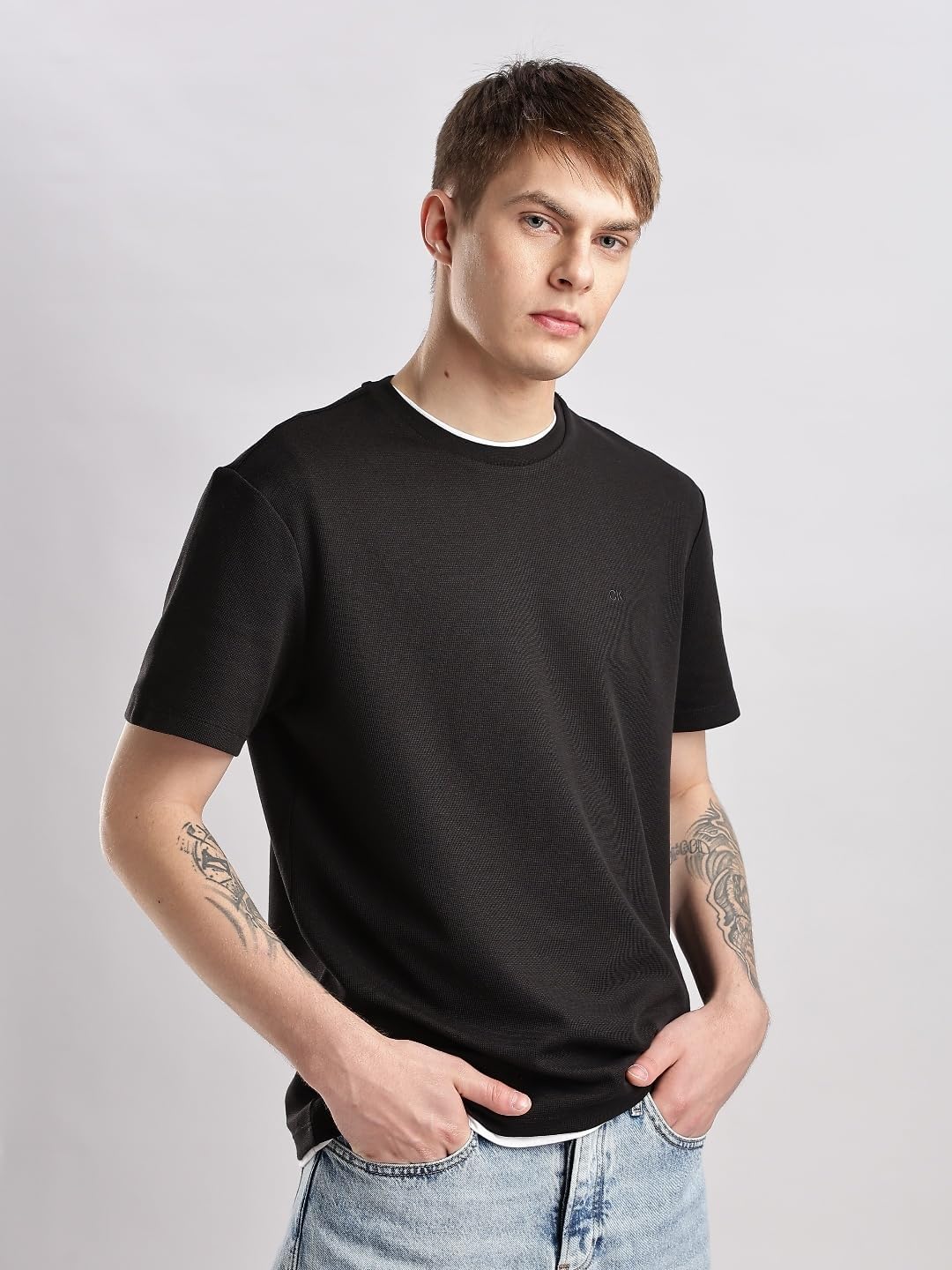 Мужская футболка Calvin Klein с микровафельным принтом и коротким рукавом, Black — фото 2