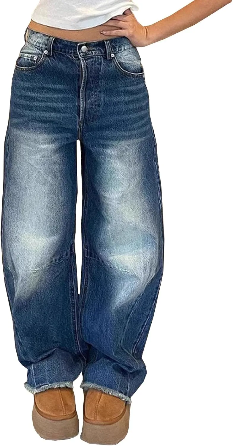 

Viatabuna джинсы для женщин с широкими штанинами Mid Waist, прямые, потертые, с необработанным краем