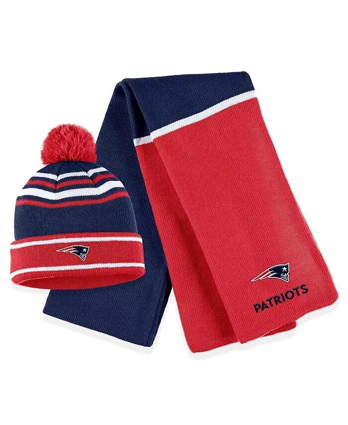 

Женская красная шапка-манжета New England Patriots Colorblock с помпоном и шарфом в комплекте WEAR by Erin Andrews