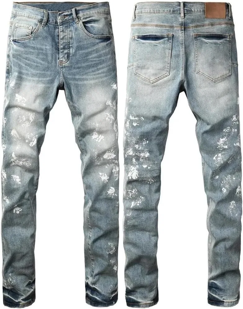 Джинсы Men's Coated Distressed Skinny Jeans Retro Wash Stretch Ripped Button Denim Pants, 9136