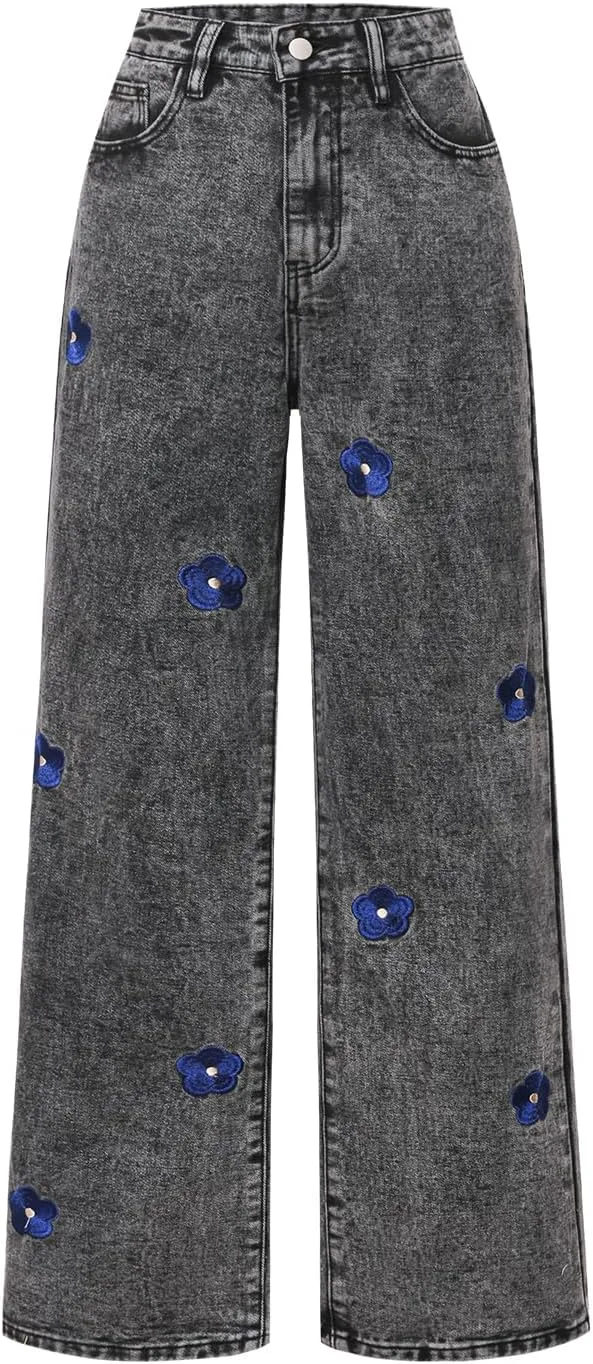 

Женские джинсы с цветочным принтом, прямые, с карманами