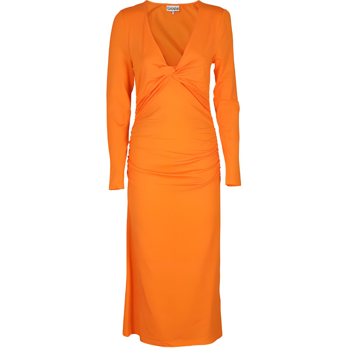 

Платье с v-образным вырезом и длинными рукавами со сборками GANNI, оранжевый