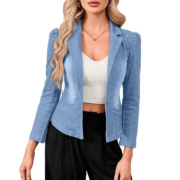 

Женский джинсовый блейзер с v-образным вырезом, длинным рукавом и одной пуговицей Clearflower, Blue
