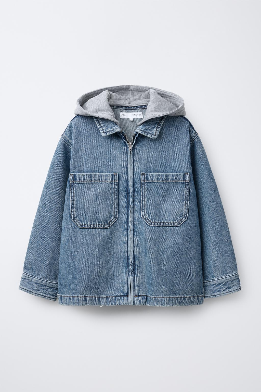 

Джинсовая верхняя рубашка со съемным капюшоном ZARA, средне-синий