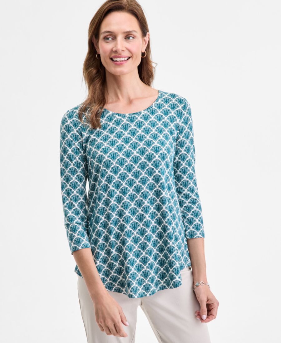 

Женская блузка с принтом, круглым вырезом и рукавами 3/4 JM Collection, Whisper White Combo