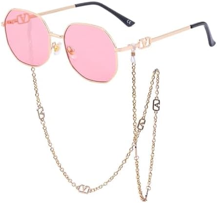 

Мужские и женские панк-солнцезащитные очки в стиле ретро из сплава с многоугольными линзами, солнцезащитные очки для женщин с цепочкой и ремешком MTZJH, C8 Rose Gold Pink