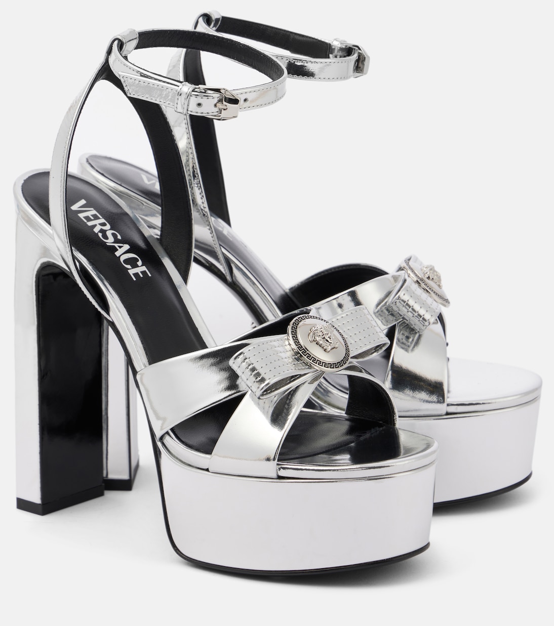 Сандалии из металлизированной кожи Gianni Ribbon 140 Versace, Silver Palladium