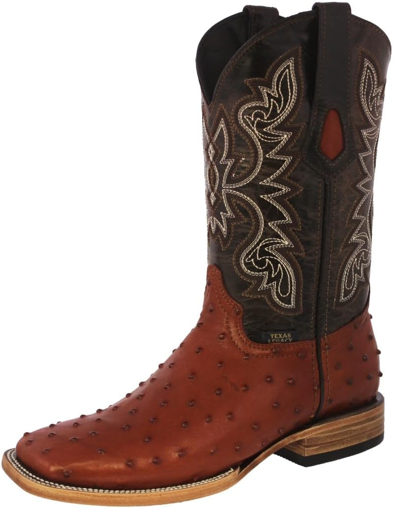 

Мужские ковбойские сапоги Texas Legacy цвета коньяка с принтом из пера страуса, кожаные, квадратный носок