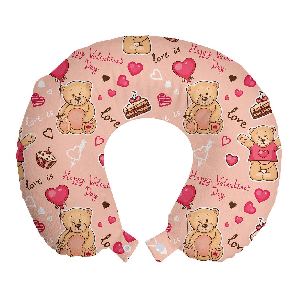 

ABAKUHAUS Valentines Travel Pillow Подушка для шеи, воздушный шар Bear Cake, пенопластовые дорожные принадлежности для самолета и автомобиля, 30x30 см, Коричневый персиковый кораллово-красный