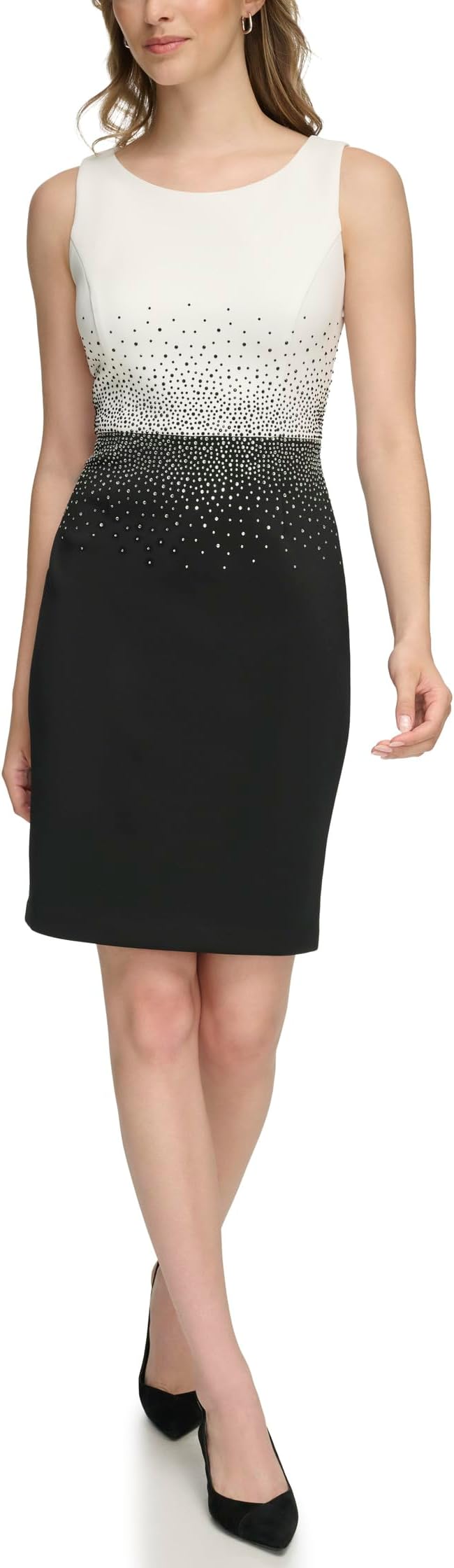 

Платье Calvin Klein Scuba Two-Tone Short Sheath with Bedazzled Mid Section, цвет Ivory/Black