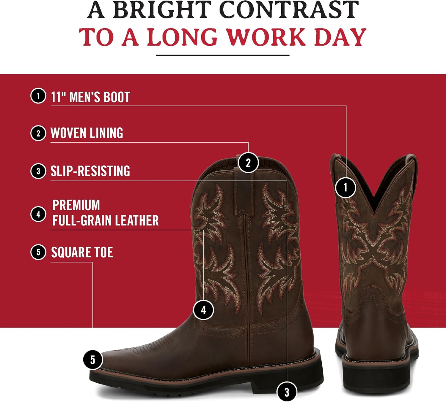 Мужские рабочие сапоги Justin Original Work Boots Driller с квадратным носком и шнуровкой с запрокидыванием, темно-коричневый — фото 3