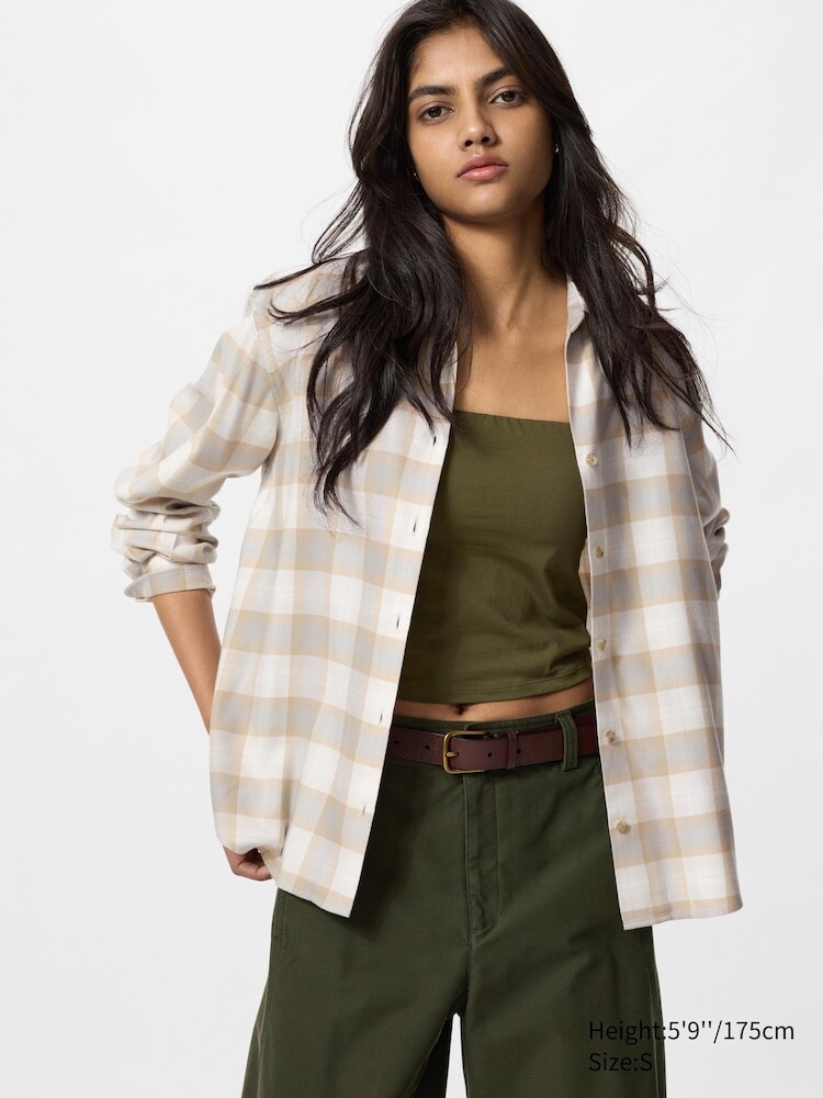 

Мягкая фланелевая рубашка в клетку Uniqlo, цвет 31 бежевый