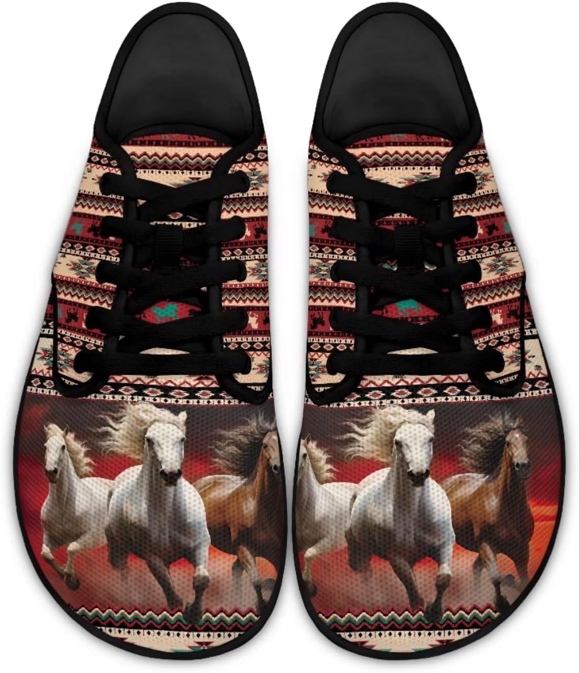 

Мужские и женские низкие босоножки на День Святого Патрика с шнуровкой, ходовые туфли из ПУ, кроссовки с широкой носочной частью и нулевым перепадом Pointodoor, Aztec Horse Print