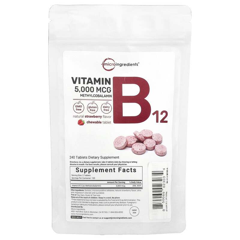 

Micro Ingredients, Витамин B12, метилкобаламин, клубника, 5000 мкг, 240 жевательных таблеток (2500 мкг в таблетке)